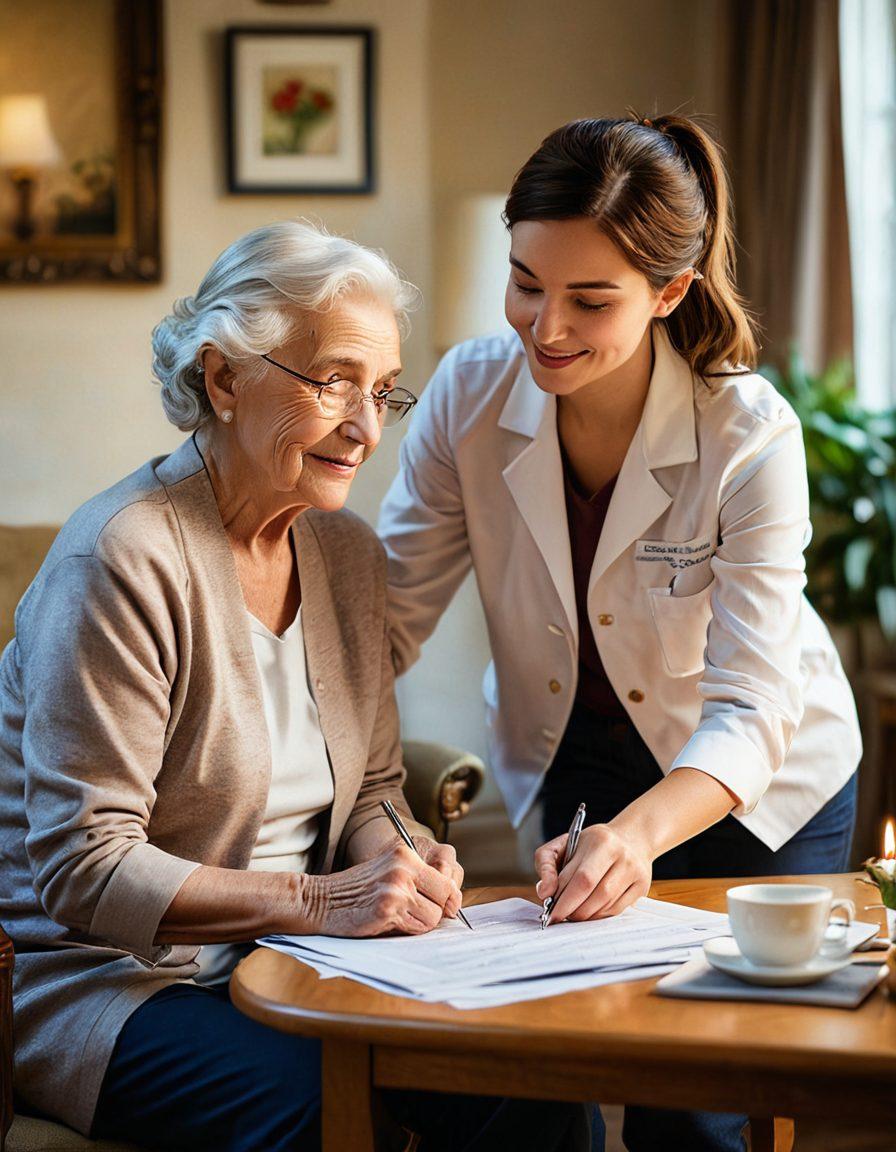 A warm, inviting scene depicting a compassionate caregiver assisting an elderly person in a cozy home environment, with elements of health coverage documents and symbols of care in the background. The atmosphere should convey warmth and support, showcasing a strong bond between the caregiver and the senior. Soft lighting and vibrant colors enhance the feeling of comfort and security. painting. vibrant colors. soft focus.