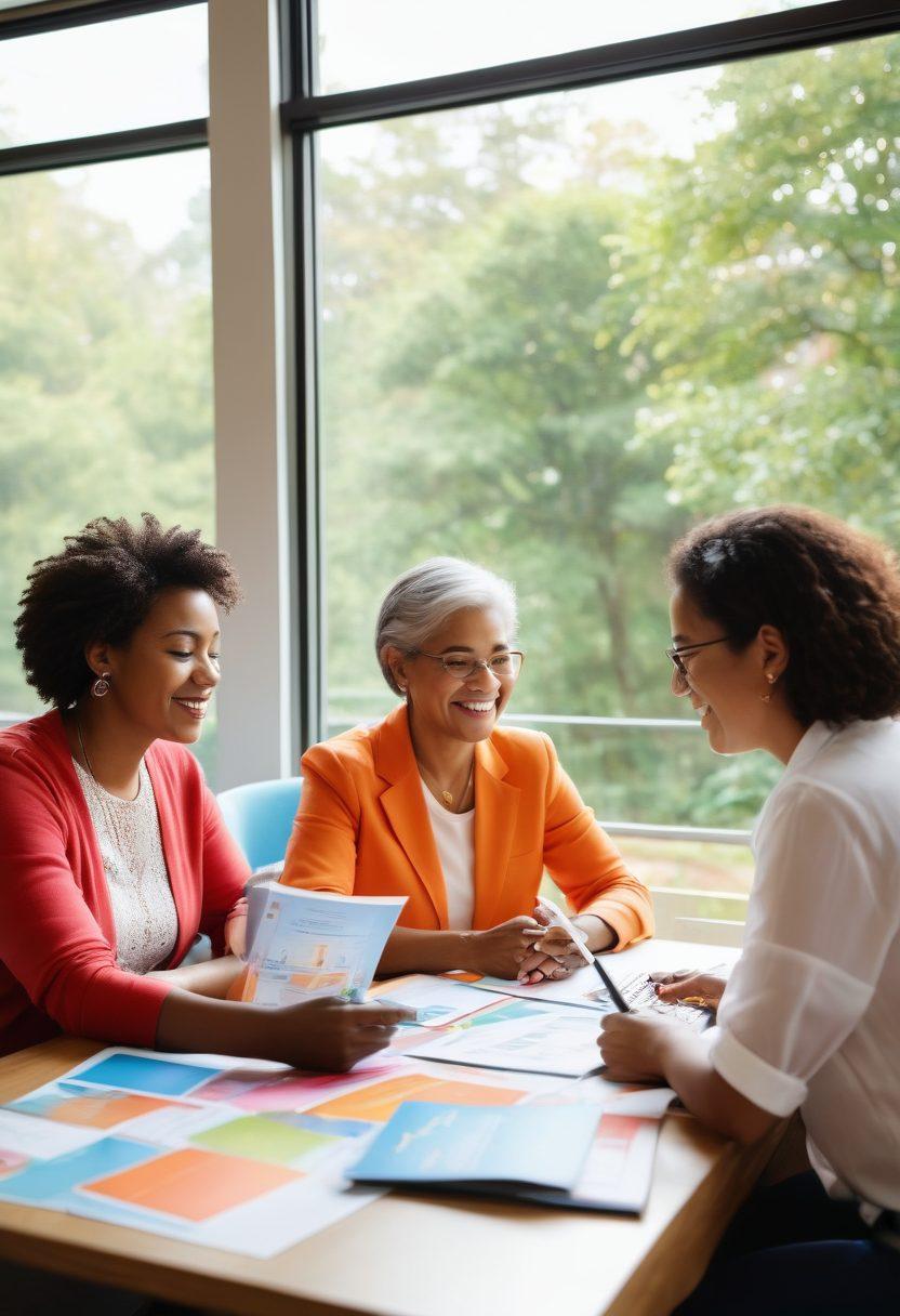 A warm and inviting scene depicting a diverse group of caregivers gathered around a table, sharing tips and discussing insurance options. In the background, a large open window showing a sunny day with greenery outside, symbolizing hope and empowerment. Various insurance brochures and a laptop with graphs are present on the table. The caregivers should represent different ages and ethnicities, showcasing inclusivity. soft-focus. vibrant colors. realistic style.