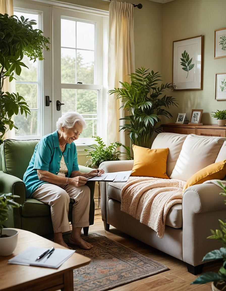 An inviting home setting featuring an elderly person receiving warm care from a caregiver, surrounded by symbols of affordable health insurance like open documents and a calculator. Soft, comforting colors create a nurturing atmosphere. The background includes a cozy living room filled with plants and family photographs. The caregivers smile, showing compassion and understanding. super-realistic. vibrant colors.